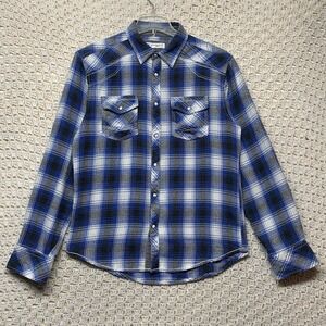 BKE Flannel Shirt Men's  M Athletic Fit Pearl Snap  Blue Black White Plaid